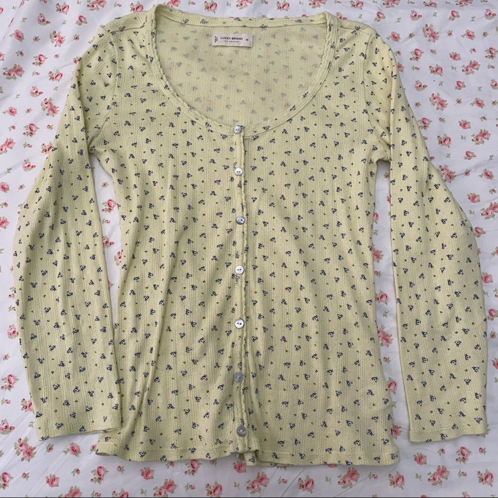 lucky brand pointelle floral button up long sleeve